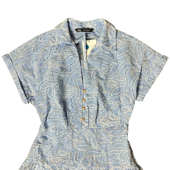 ZARA‎ Dress WMNS M Blue Embroidered Eyelet Midi  Shirt Cutwork V-Neck 7946/528 - Picture 4 of 16